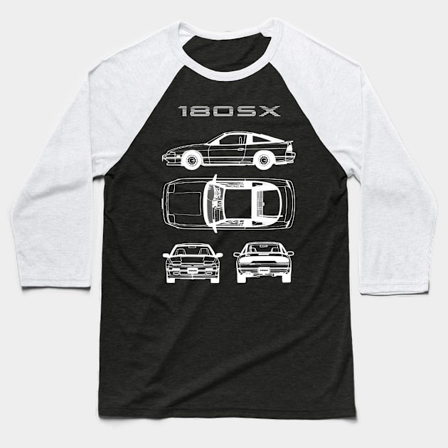 Nissan 180SX White Blueprint Baseball T-Shirt by Industree Designs